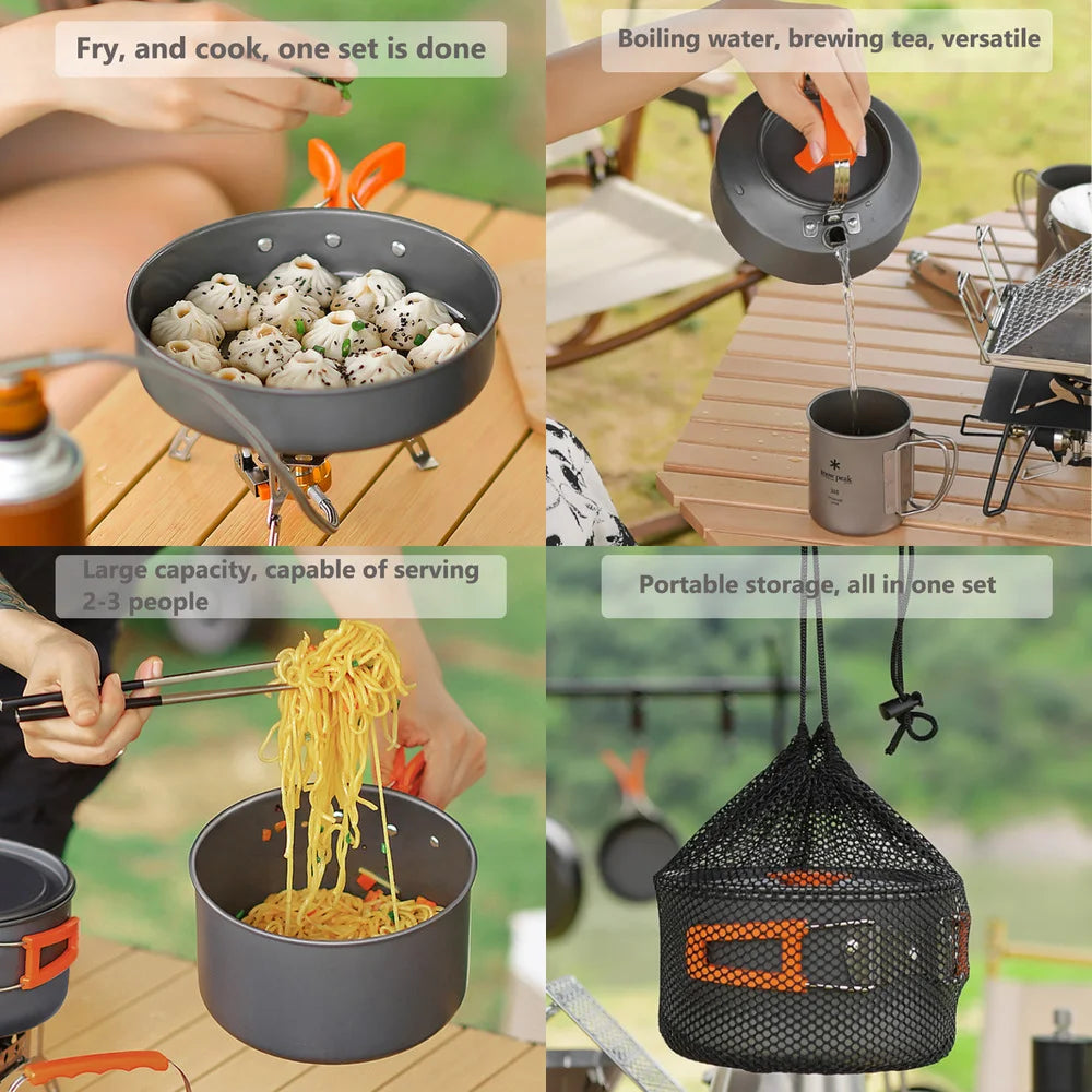 Camping Cookware Set — Non-Stick Cooking Pots, Teapot & Travel Tableware for 2-3 People, Outdoor Picnic Set