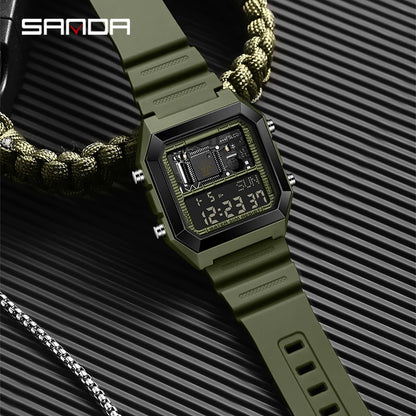 SANDA 6216 Men's Digital Sport Watch - Square LED Display, Waterproof Alarm & Stopwatch