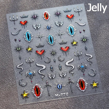5D Gold Stamped Nail Art Stickers - Silver Sun Stars Snake Chinese Style Self-Adhesive Manicure Decals
