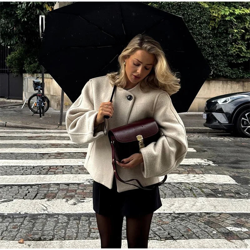 2024 Women's Elegant Solid Wool Blend Cardigan Coat – Round Neck, Single Button, Long Sleeve High Street Outwear