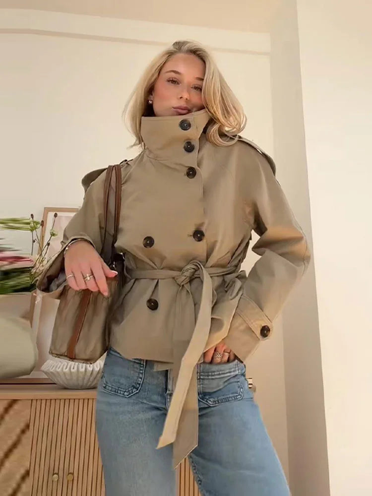 Women’s Belted Cropped Trench Jacket, Double-Breasted Stand Collar Coat – Chic Vintage Casual Fall 2025 Outerwear