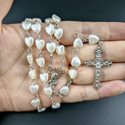 White Heart Rosary Necklace – Virgin Mary Cross INRI Pendant Long Chain Religious Prayer Jewelry for Men & Women Accessories