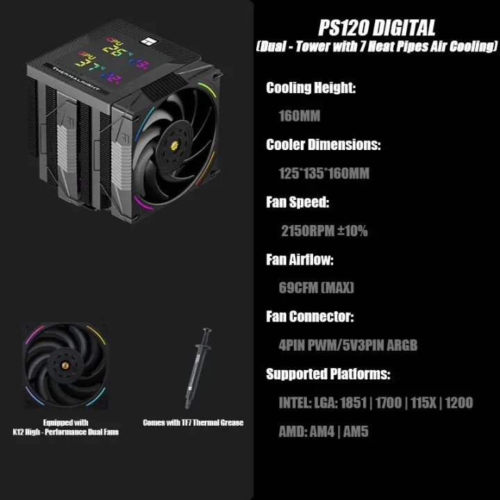 Thermalright Phantom Spirit Digital 120 EVO/SNOW CPU Air Cooler – AGHP Gen5.0 7 Heat Pipe Dual Tower High Performance Radiator with Dual TL-K12 Fans for Intel & AMD Sockets