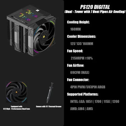 Thermalright Phantom Spirit Digital 120 EVO/SNOW CPU Air Cooler – 7 Heat Pipes Dual Tower AGHP Gen5.0 with Dual TL-K12 Fans High Performance Radiator for Intel & AMD Sockets