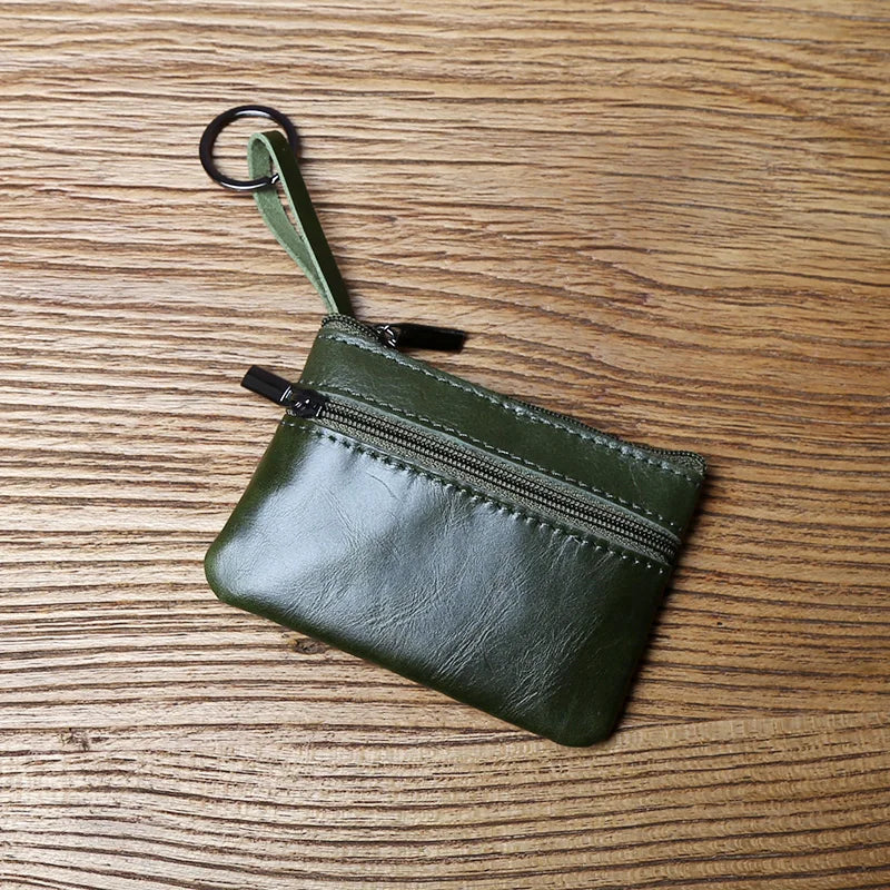 Leather Mini Coin Purse – Unisex Retro Handmade Cowhide Small Wallet with Zipper & Key Case