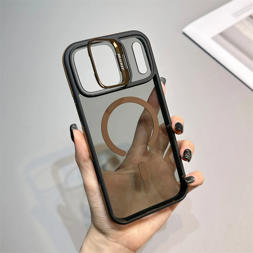 Luxury Matte Transparent MagSafe Kickstand Case — Magnetic Stand Cover for iPhone 11–17 Air, Plus, Pro Max