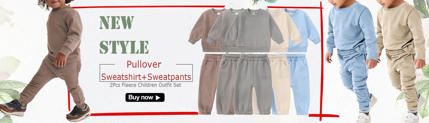 2PCS Kids Clothes Set for 1-7Y - Solid Cotton Pullover Sweatshirt & Pants, Long Sleeve Autumn Outfits for Boys & Girls