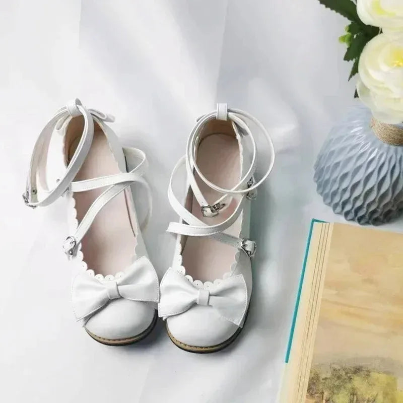 HoneyCherry Lolita Princess Shoes – Women’s Cute Flats with Bow, Cross Straps & Low Round Design