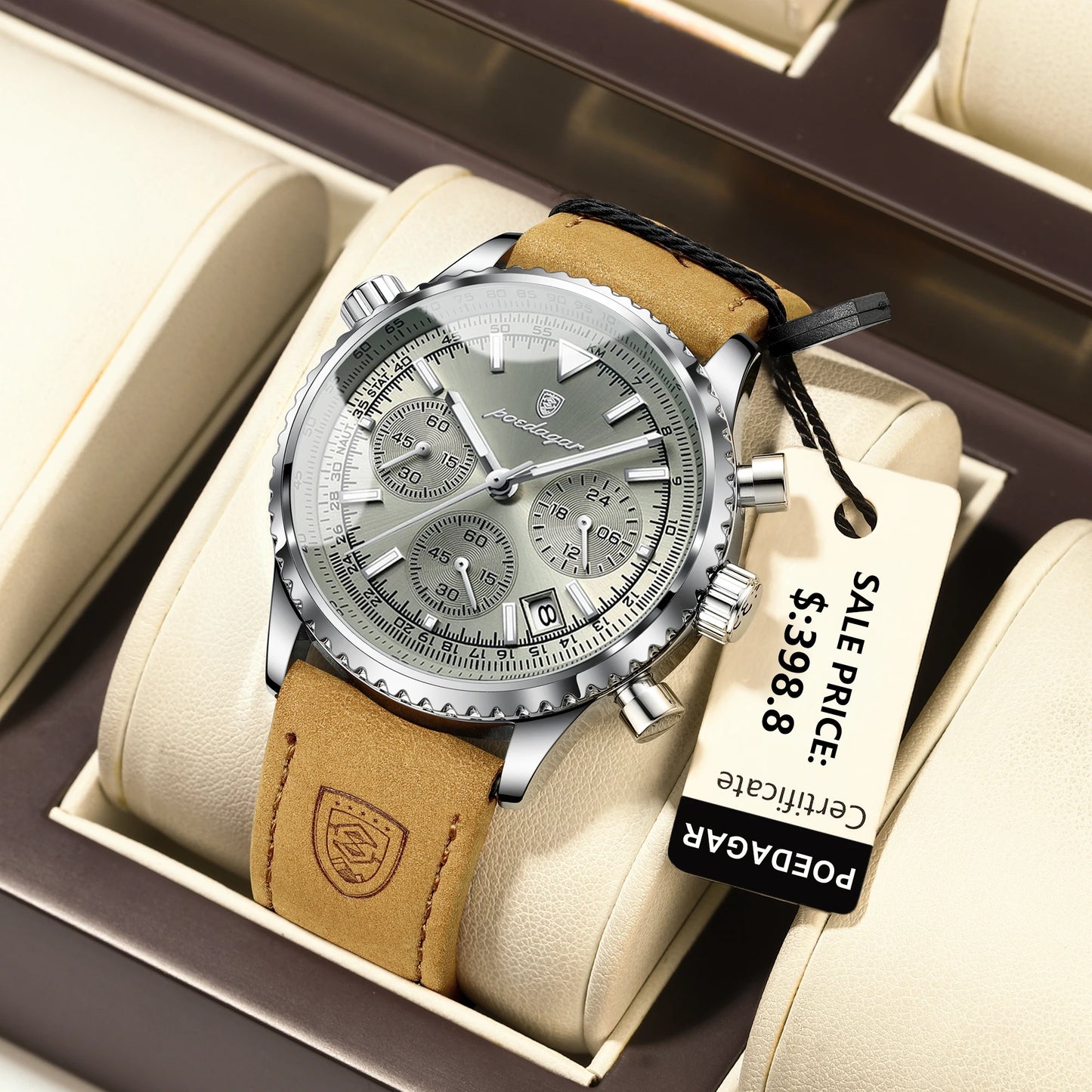 POEDAGAR Luxury Men's Quartz Watch Waterproof Luminous Date Chronograph Leather Military Sports Wristwatch