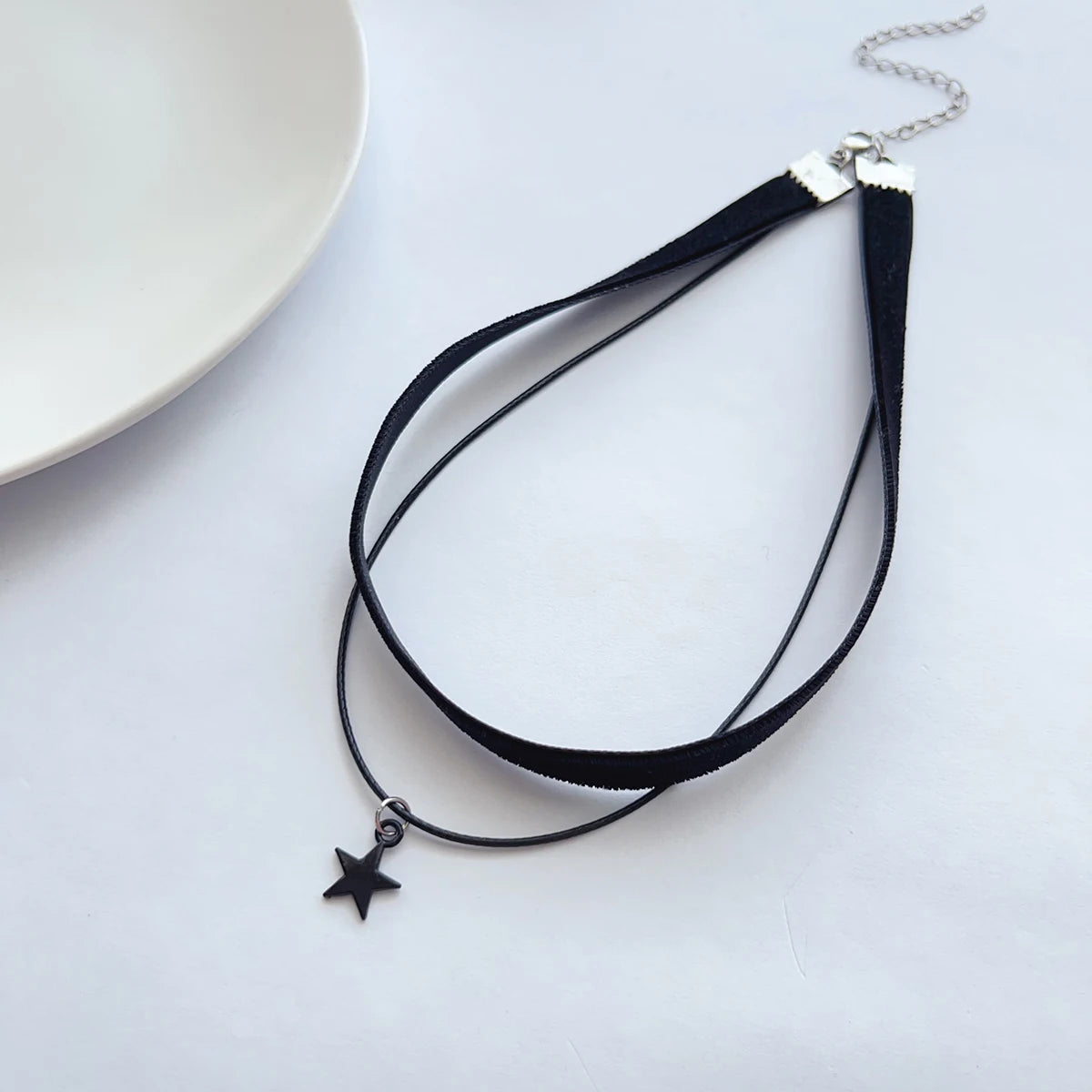 Black Velvet Pentagram Choker - Double Pendant Strap Necklace for Women, Gothic Fashion Accessory