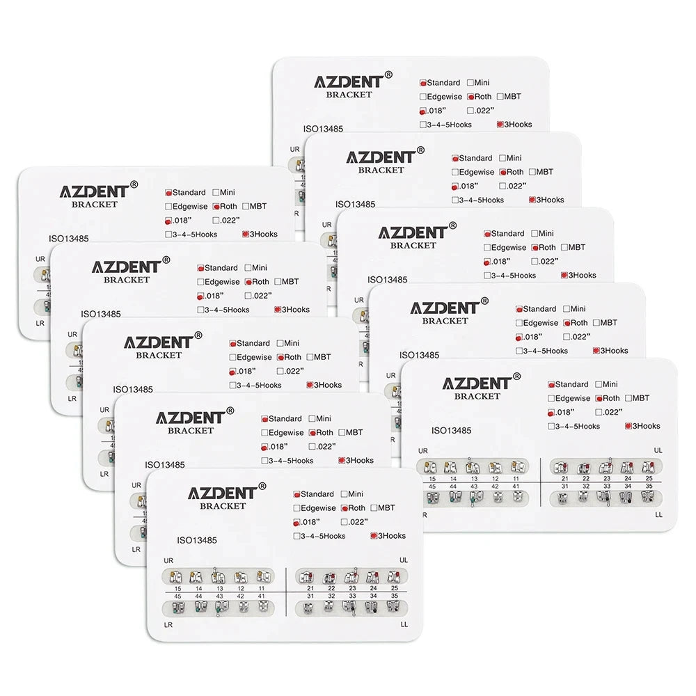 AZDENT 10 Packs Dental Brackets – Orthodontic Metal Mini Standard Roth MBT Slot 0.022/0.018 with Hooks, 20 Pcs per Pack