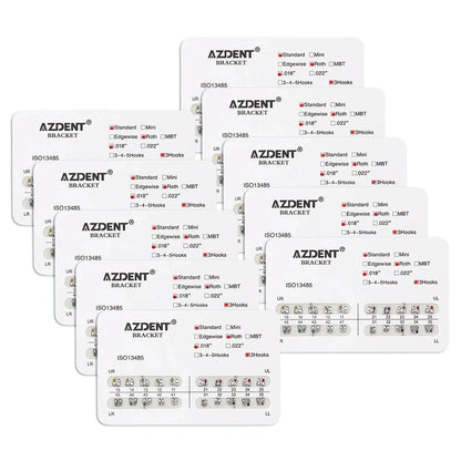 AZDENT 10 Packs Dental Brackets – Orthodontic Metal Mini Standard Roth MBT Slot 0.022/0.018 with Hooks, 20 Pcs per Pack