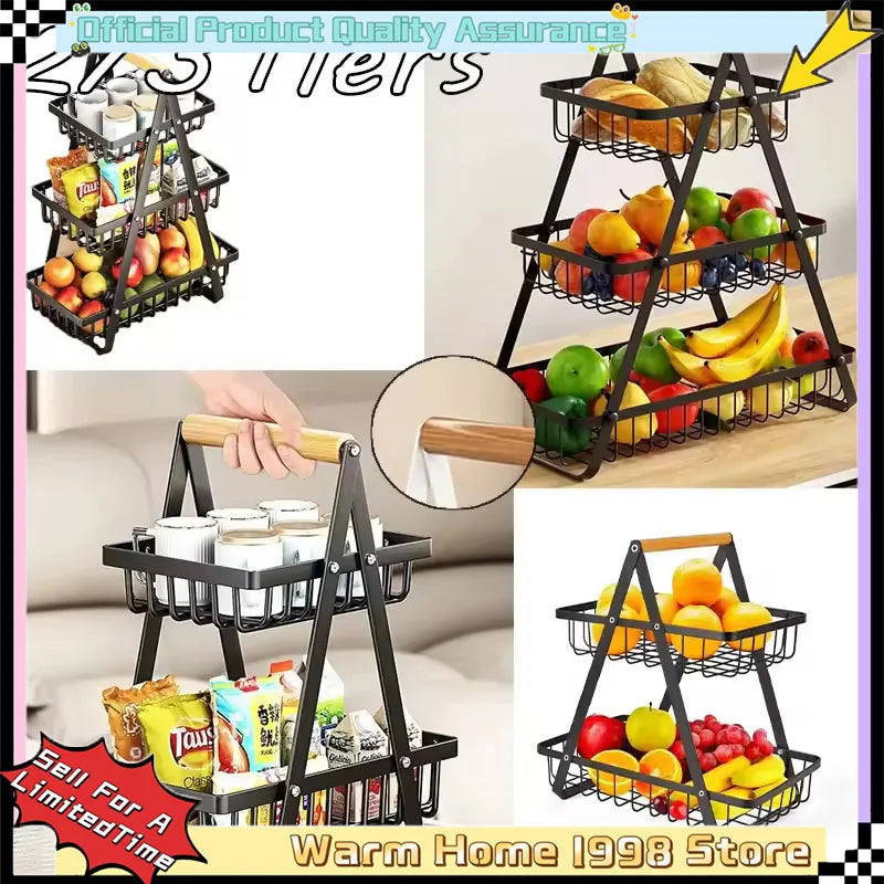 3-Tier Countertop Fruit Basket - Portable Iron Kitchen Organizer for Fruits, Bread & Snacks Storage