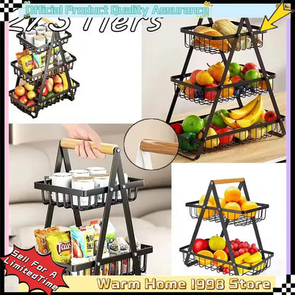 3-Tier Countertop Fruit Basket - Portable Iron Kitchen Organizer for Fruits, Bread & Snacks Storage