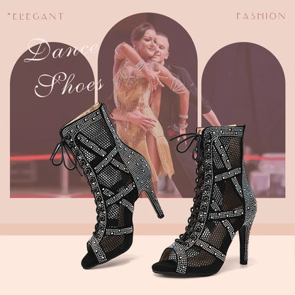 Women’s Rhinestone Latin Dance Boots - Shiny Jazz Dance Shoes with Slim High Heels