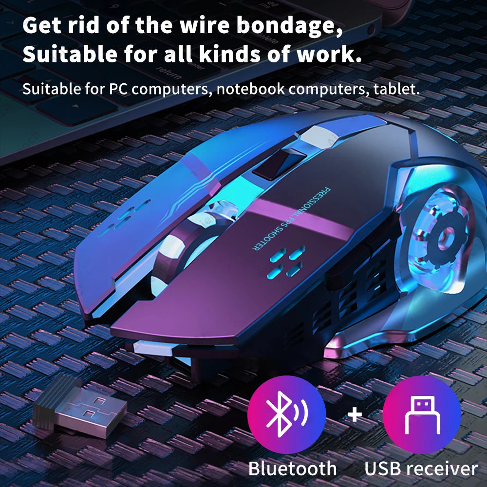 Rechargeable Wireless Gaming Mouse - Silent Bluetooth Mouse with USB, Mechanical E-Sports Backlight for PC Gamers
