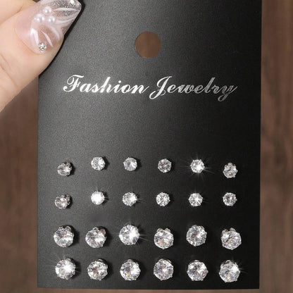12 Pairs Luxurious Zirconia Earrings Set – Shiny Elegant Simple Stud Jewelry Gift for Parties, Couples & Daily Wear