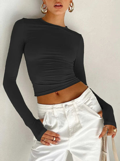 Women’s Slim Fit Long Sleeve Crop Top – Crew Neck Thumb Hole T-Shirt, Solid Streetwear Basic Summer Camis Top