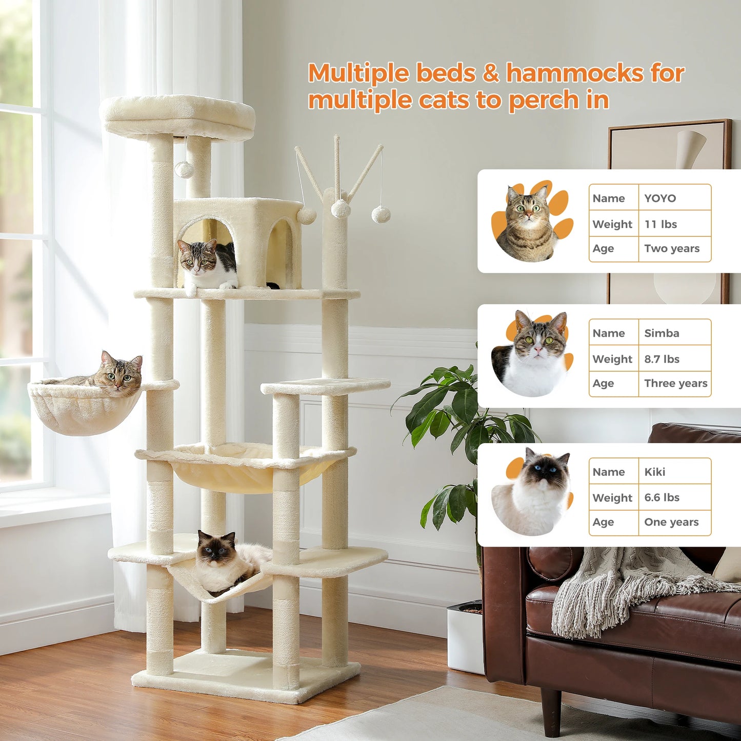 Large Cat Tree Tower – Multi-Level Plush Indoor Cat Condo with Scratching Posts, Boards, Perches & Caves