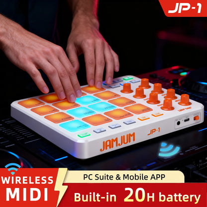 JAMJUM JP-1 MIDI Controller - Wireless 16-Pad RGB Backlit USB-C Portable MIDI Pad for Music Production
