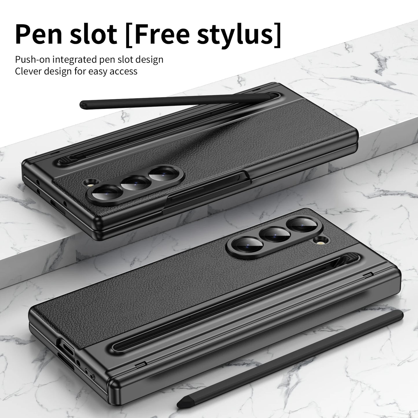 Slim Leather Case with Touch Pen for Samsung Galaxy Z Fold 6/5/W25/4/3 – Plated Hinge & Full Screen Protector Cover