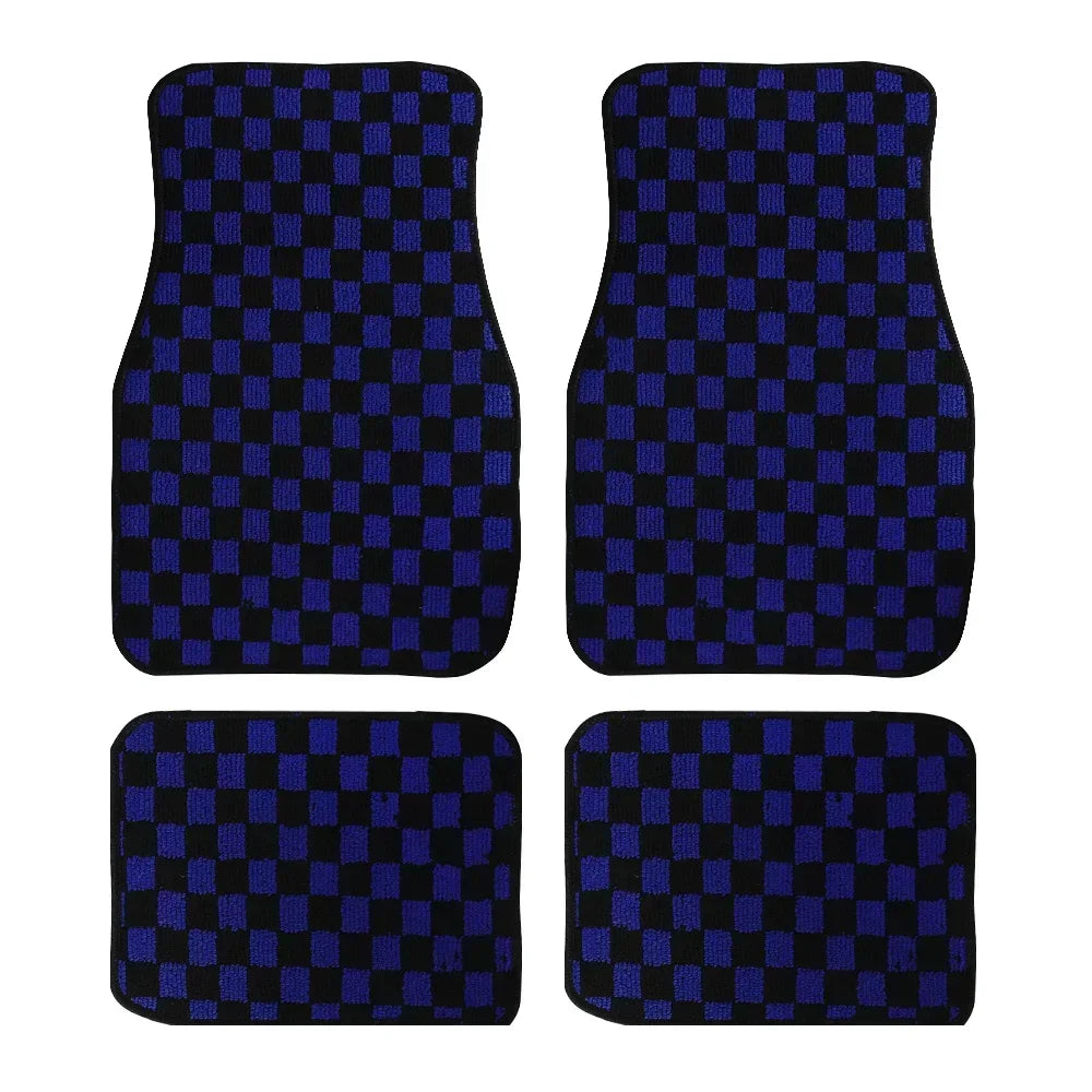 4PCS Universal Checkered Car Floor Mats - Anti-Slip Front & Rear Checkerboard Auto Carpet Foot Mats