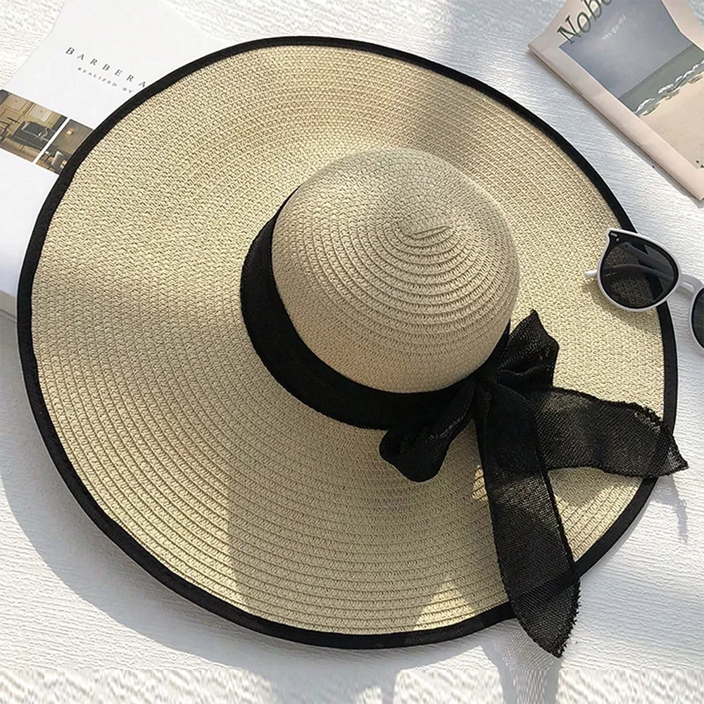 Women's Bow Straw Beach Hat - Oversized Wide Brim Summer Sun Protection Hat