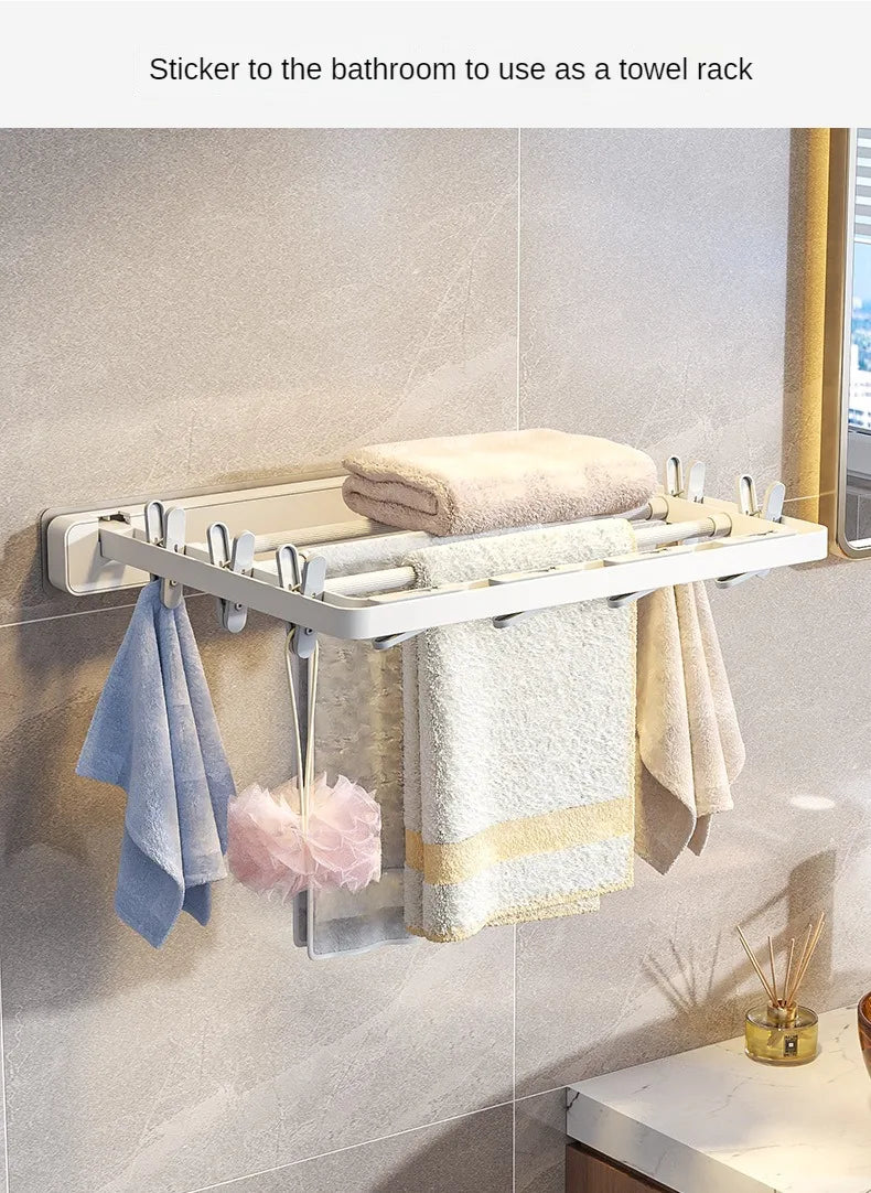 Wall-Mounted Folding Drying Rack with Windproof Sock Clips – Space-Saving Clothing Hanger for Household Laundry