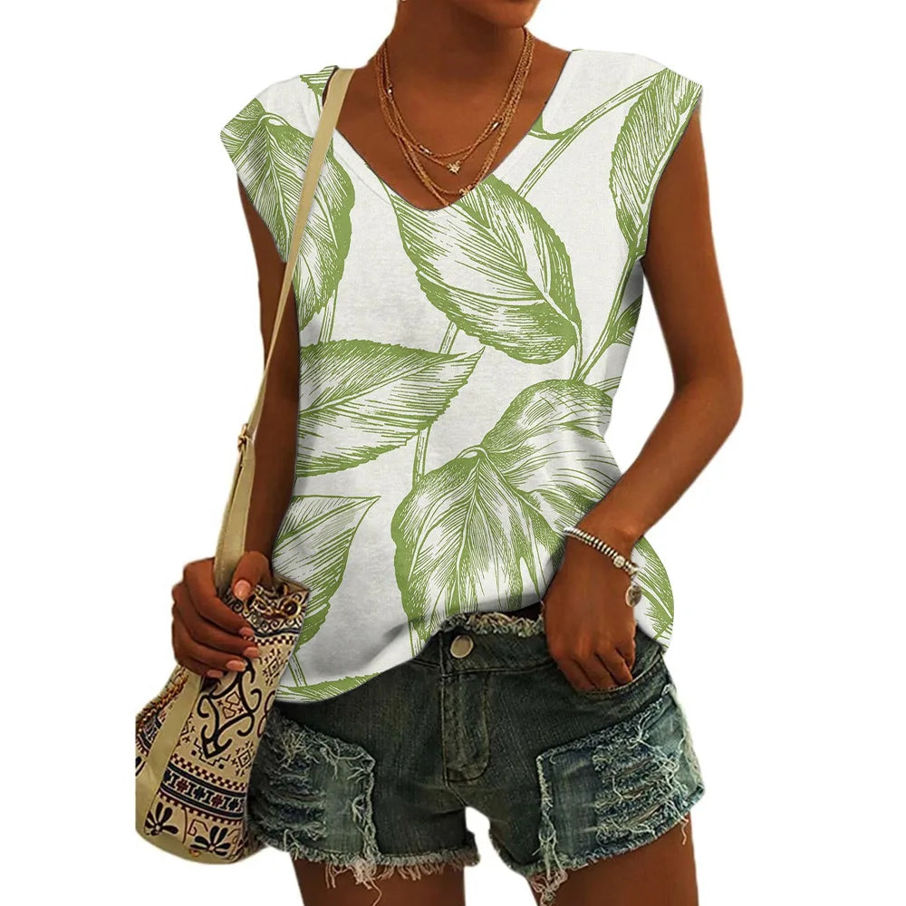 Women’s Floral Print T-Shirt - V Neck Cap Sleeve Loose Fit Summer Beach Top with Breathable Casual Style