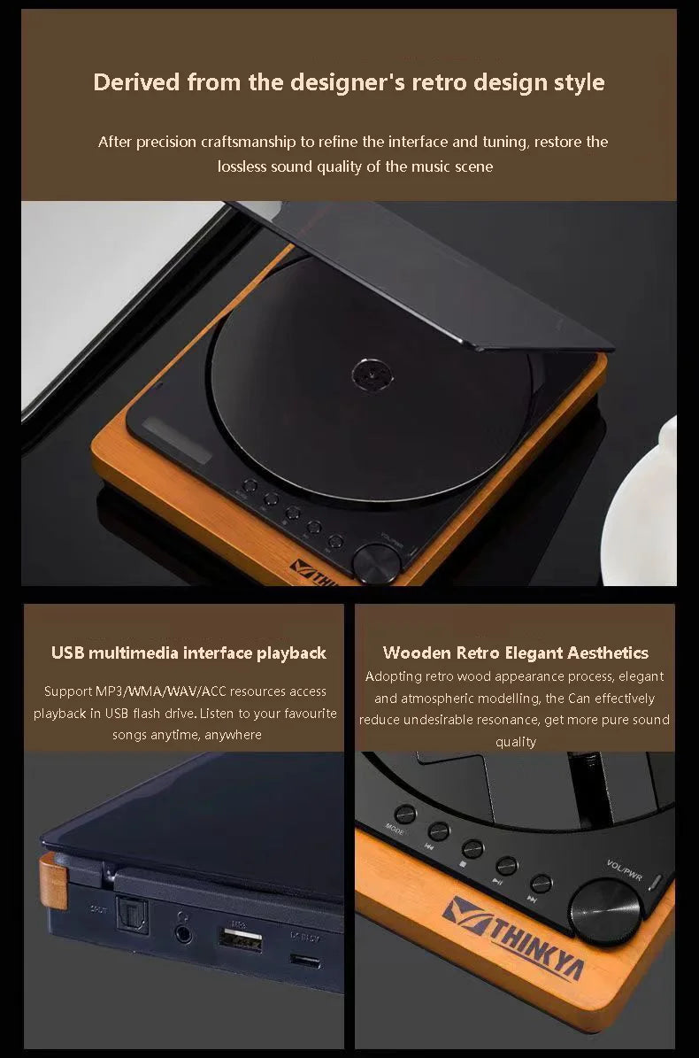 Wooden HIFI CD Player – Bluetooth 5.1, Digital Optical Output, USB Lossless Playback, Infrared Remote Control
