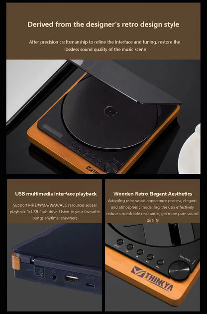 Wooden HIFI CD Player – Bluetooth 5.1, Digital Optical Output, USB Lossless Playback, Infrared Remote Control