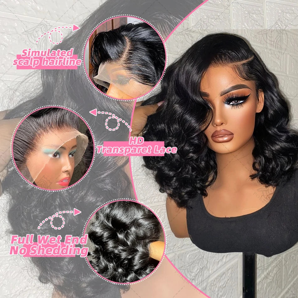 Brazilian Body Wave Short Bob Wig – 13x4/13x6 HD Transparent Lace Front, Pre-Plucked 5x5 High Density Human Hair Lace Frontal Wig