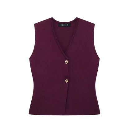 TRAFZA 2025 Women’s Wine Red Skirt Set – Knitted V-Neck Vest with High Waist Zipper Patchwork Long Skirt