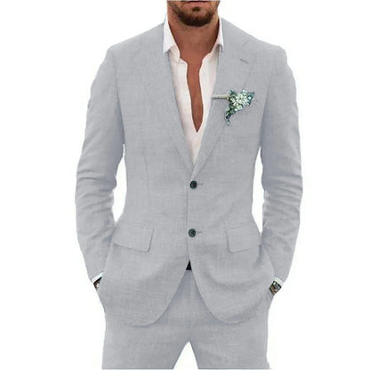Men's Linen Suit Set - Slim Fit Notched Lapel 2 Piece Wedding & Beach Tuxedo Outfit For Summer Casual Formal Wear
