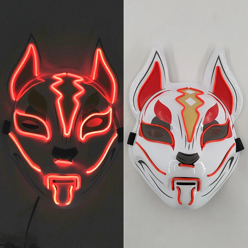Glowing LED Fox Mask – Neon Japanese Anime-Inspired Samurai Cosplay Mask for Halloween, Christmas & Costume Parties