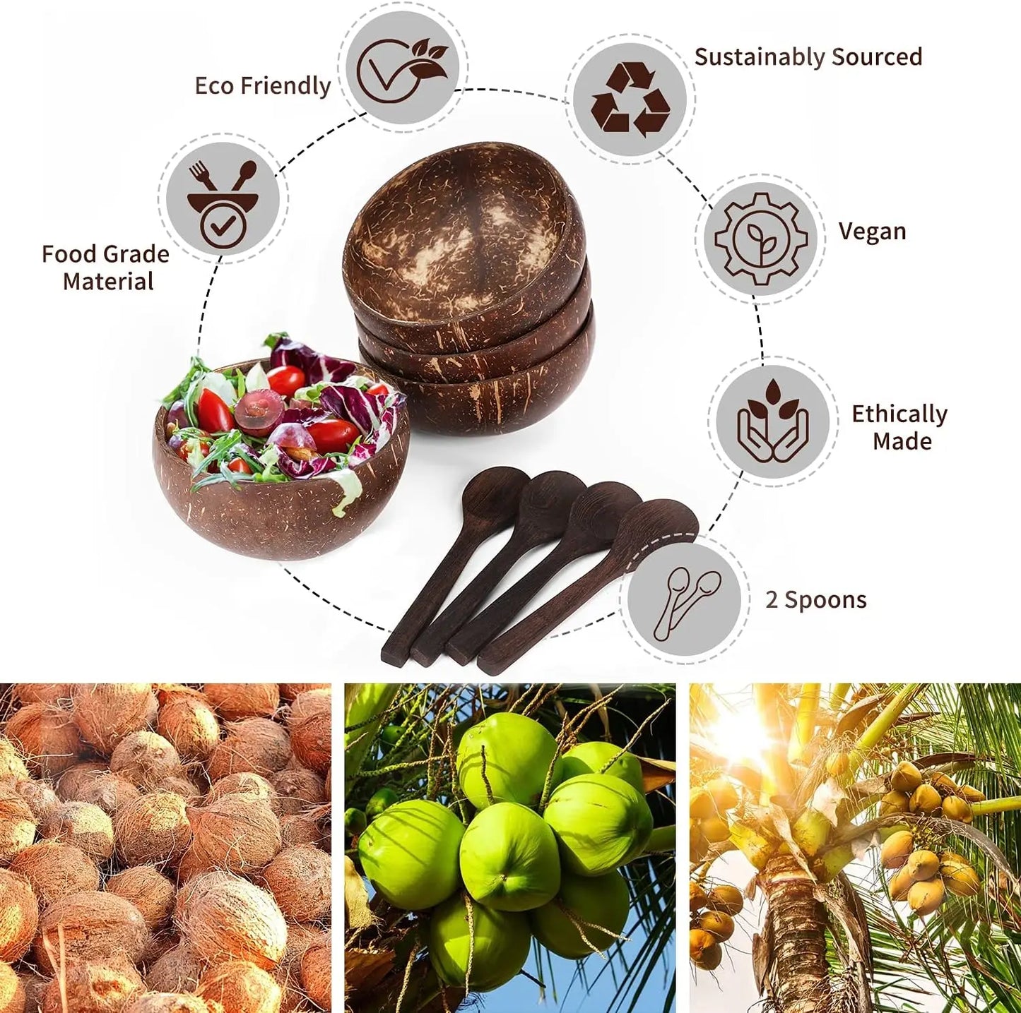 Coconut Bowls for Serving – Reusable Wooden Salad and Dish Utensils | Natural Coconut Shell Bowls for Breakfast and Parties