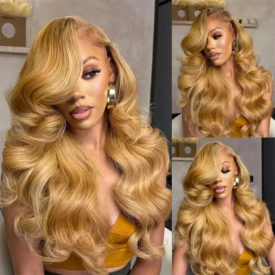 Brazilian #27 Honey Blonde Body Wave Wig – 30-34 Inch, 13x4 Lace Front, HD Transparent Lace Frontal, 200% Density for Women