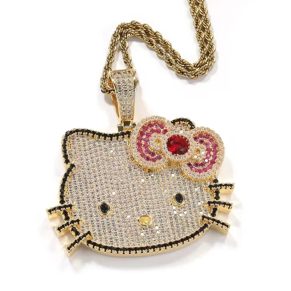 Hello Kitty Y2K White Gold Pendant Necklace – Sweet Long Layered Jewelry Chain for Women, Halloween Style (Europe & America)