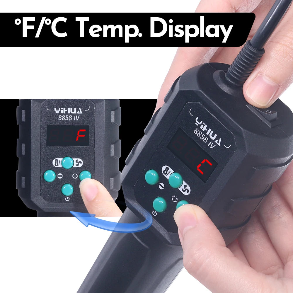 YIHUA Micro Hot Air Gun 8858IV – 700W Adjustable Temp LCD Digital Heat Gun for Soldering, BGA & IC Rework