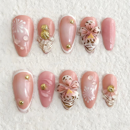 24PCS Strawberry Bow Press On Nails - Red Short Almond Pearl Starlight Floral False Nail Art Tips