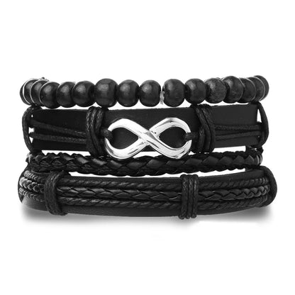 4Pcs Men's Braided Leather Bracelets Set – Vintage Life Tree & Rudder Charms, Wood Beads, Ethnic Tribal Wristbands