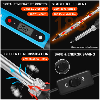80W LCD Digital Soldering Iron Kit for Electronics – Adjustable Temperature Welding Repair Tool Set with Switch & Soldering Tips for Precision Work