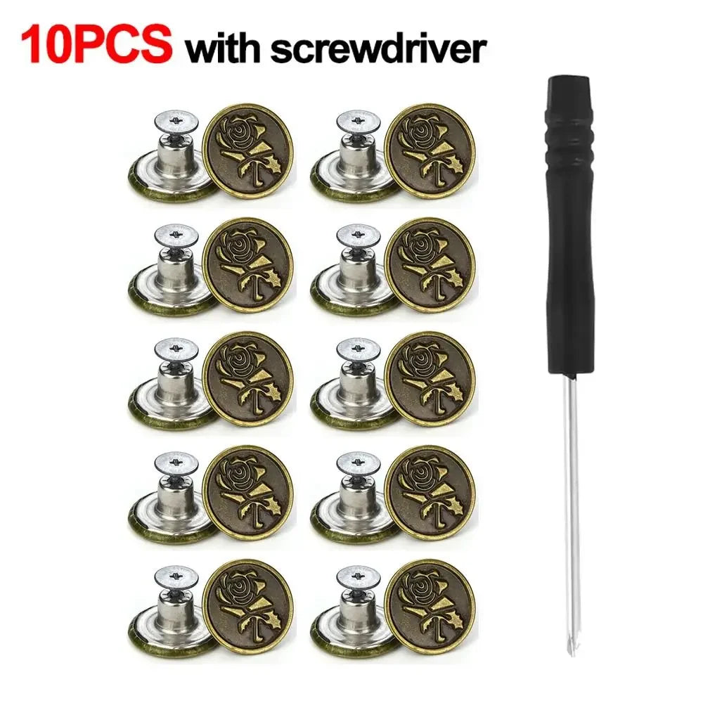 10Pcs 17mm Metal Jeans Buttons – No-Sew Screw Replacement Repair Kit for Pants & Denim