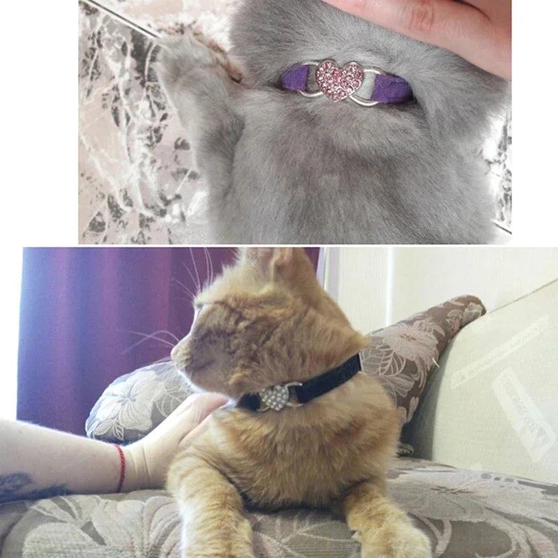 Heart Charm Cat Collar with Bell – Adjustable Safety Elastic Velvet Collar for Small Cats & Dogs, 8 Colors