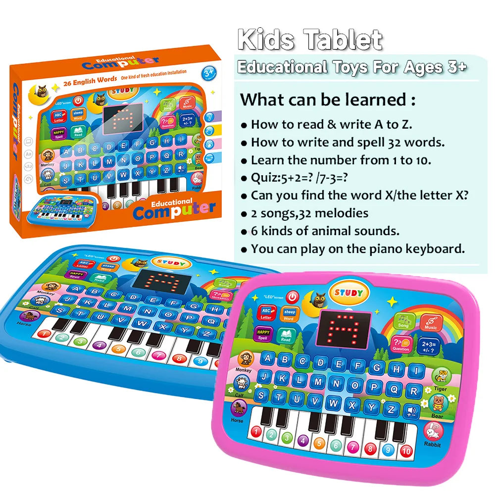 Kids Educational Tablet Toy - Interactive Literacy, Math & Music Learning Keyboard Gift for Ages 3+