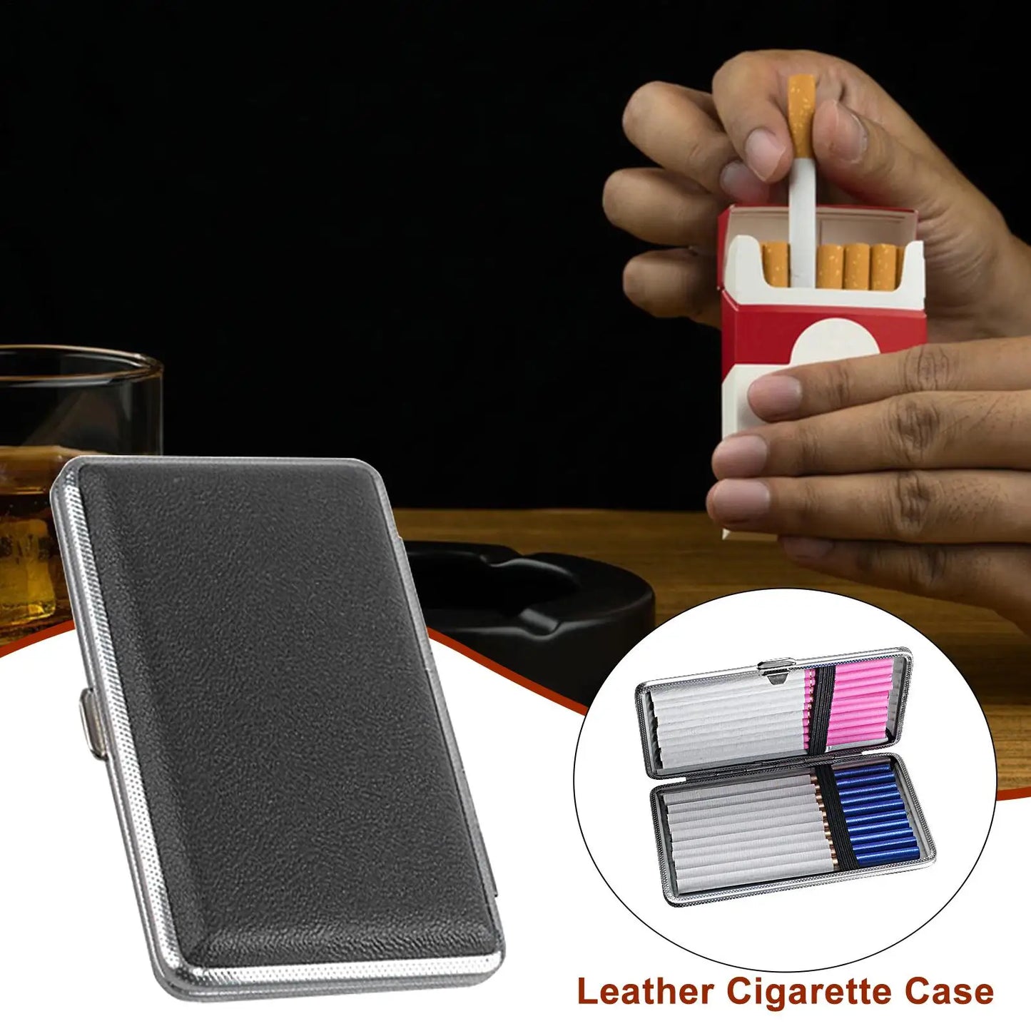 Portable Leather Cigarette Case - 20-Stick Slim Metal Frame Holder for Cigarettes and Cigars
