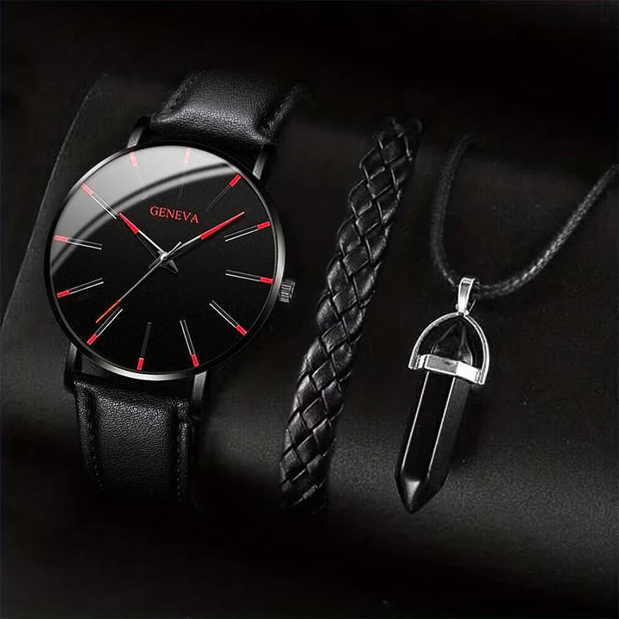 Men’s 3PCS Watch Set – Quartz Analog Business Watch with Leather Band, Necklace & Bracelet Gift Set