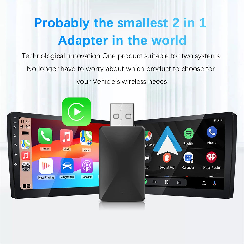 2-in-1 AI Box Mini Adapter – Wired to Wireless CarPlay & Android Auto, Plug and Play WiFi Smart Dongle, Compatible with 99% of Cars
