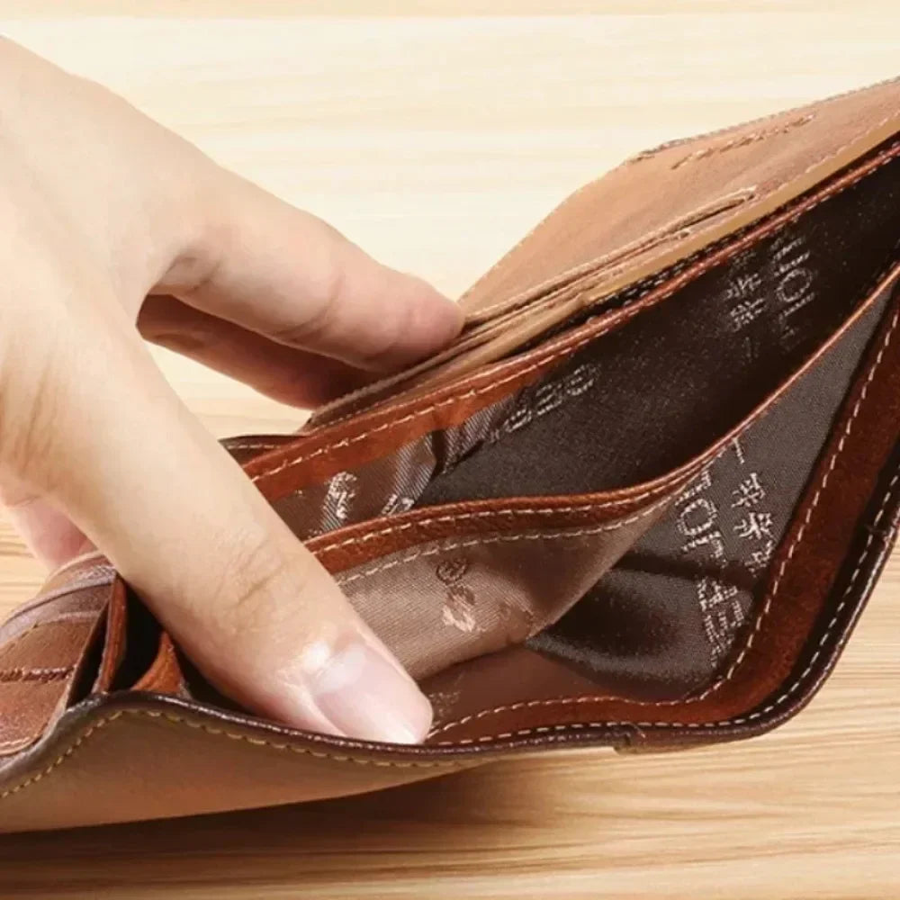 Genuine Leather Men’s Wallet – RFID Blocking Trifold, Vintage Thin ID & Credit Card Holder, Multi-Function Purse