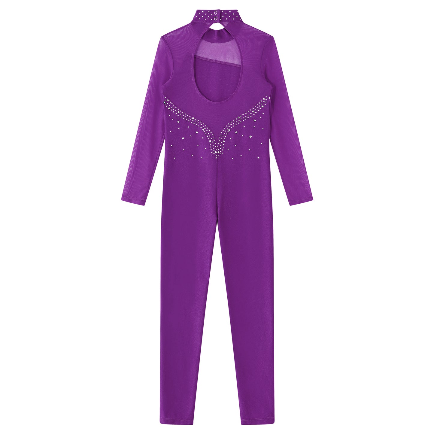 Kids Girls Long Sleeve Rhinestone Bodysuit — Full Body Dancewear Gymnastics Leotard Skating Jumpsuit